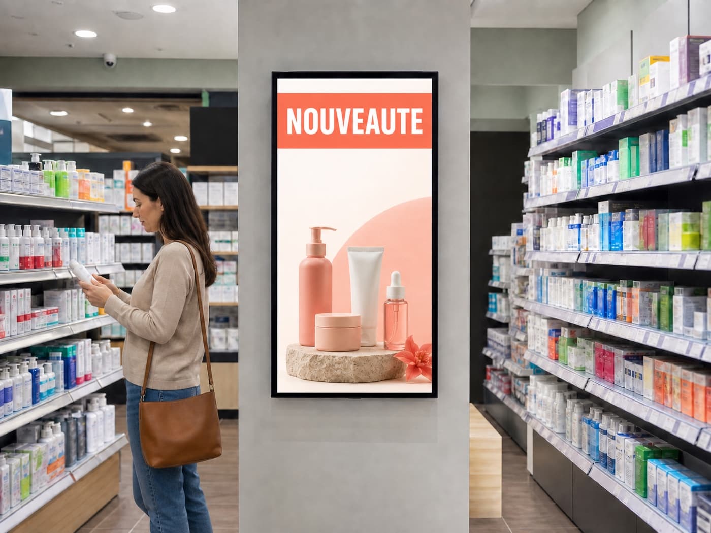 Digital screen positioned between pharmacy aisles