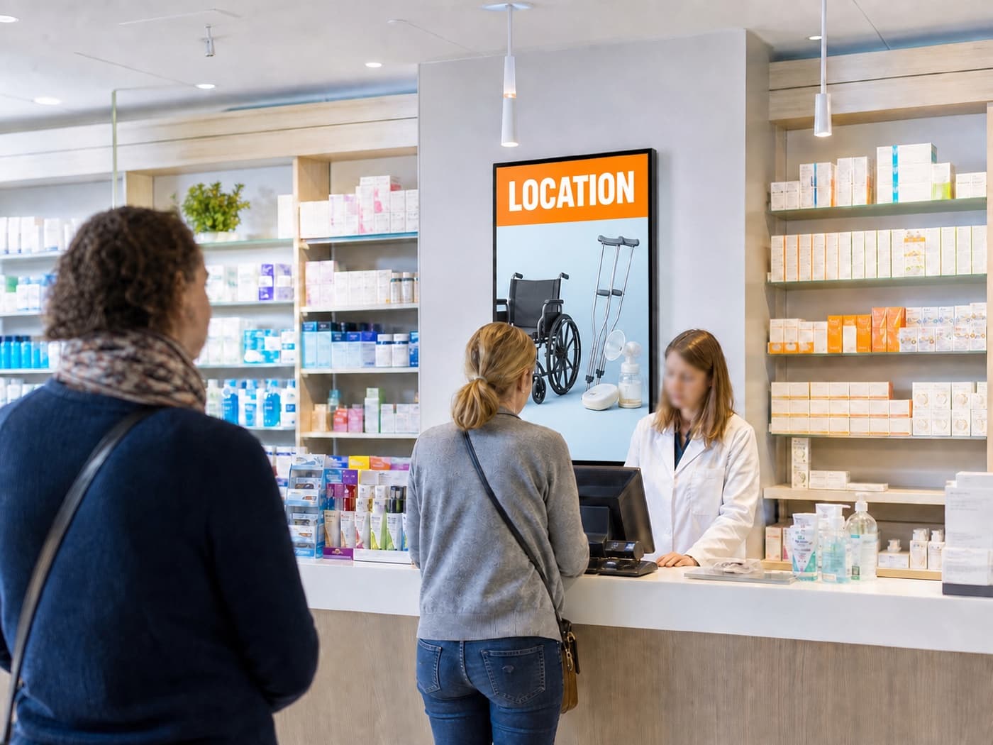 Digital screen installed next to a pharmacy counter