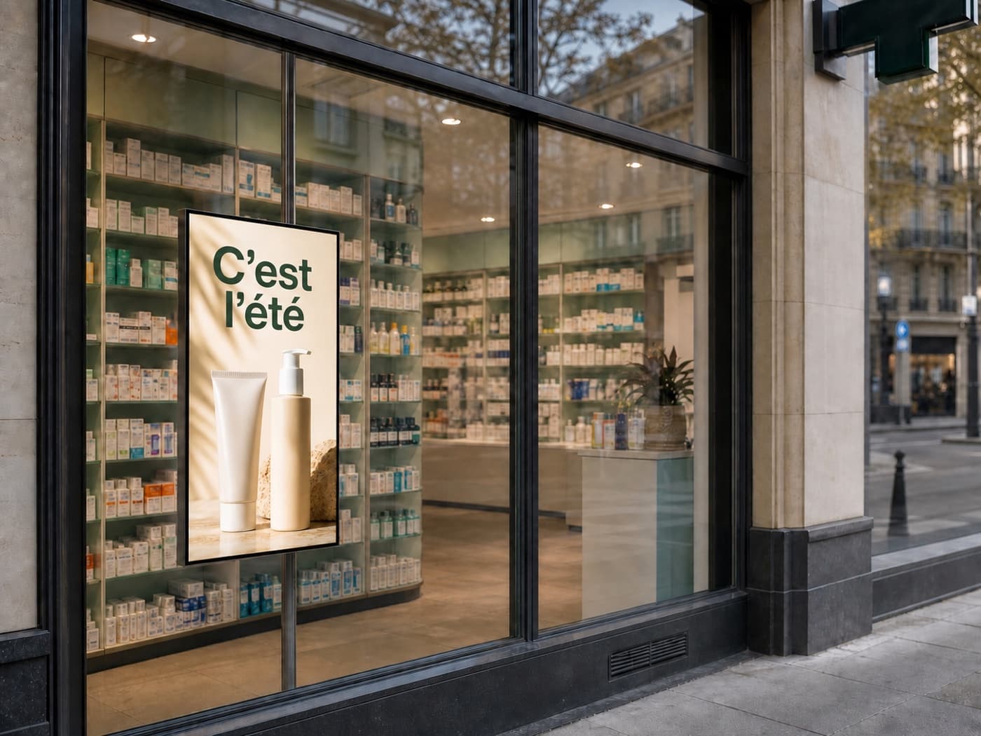 Écran vertical diffusant une campagne solaire dans la vitrine d’une pharmacie