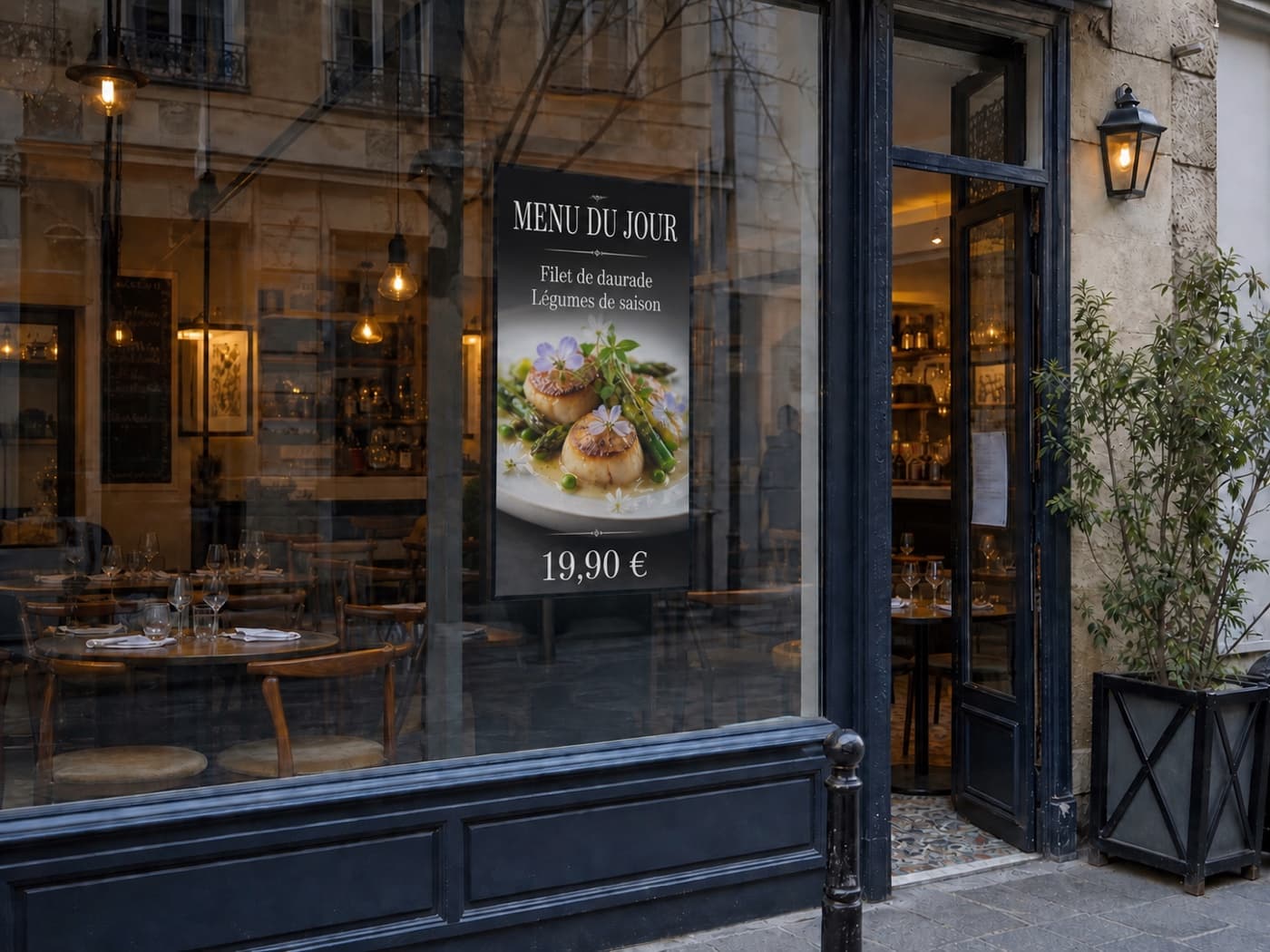 Menu du jour affiché sur un écran lumineux dans la vitrine d’un restaurant