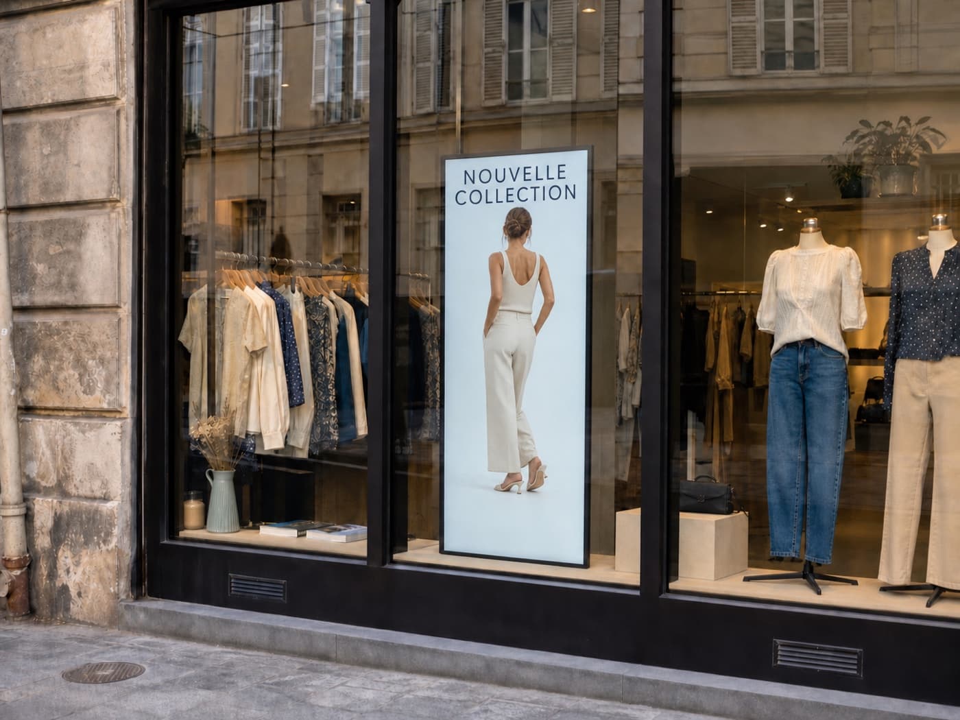 Écran vertical présentant une nouvelle collection dans la vitrine d’une boutique