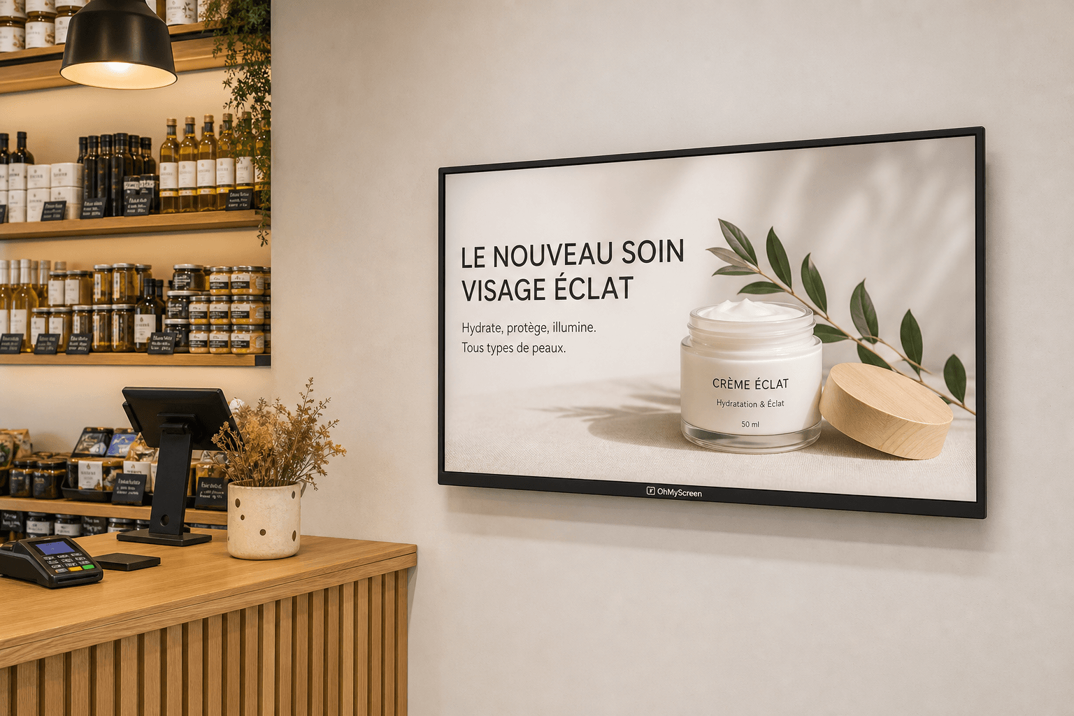 Écran professionnel OhMyScreen de 55 pouces fixé au mur près d’un comptoir de vente