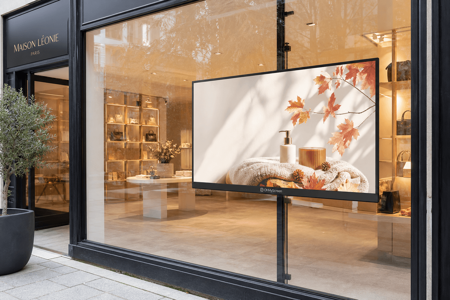 Écran professionnel OhMyScreen de 55 pouces installé derrière une vitrine et visible depuis la rue